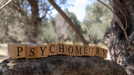 The word Psychometry was created from wooden cubes. Photographed on the tree branch. close-up.の写真素材