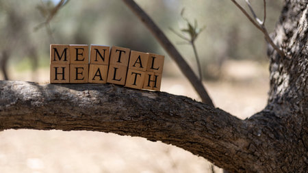 The word Mental Health was created from wooden cubes. Taken outside on a tree branch. close upの写真素材