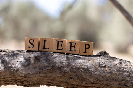 The word SLEEP was created from wooden cubes. Taken outside on a tree branch. close upの写真素材
