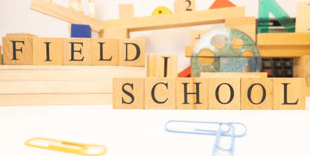 Field school is made from wooden cubes. Education concept. close-up.の写真素材