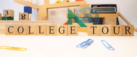 The word college tour was created from wooden cubes. close upの写真素材