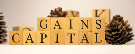 The word Capital gains was created from wooden cubes. close-up.の写真素材