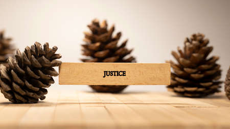 Justice written on wooden surface. Legal and political terms.の写真素材