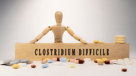 clostridium difficile disease. Written on wooden surface. On wood and medicine concept. white background. Diseases and treatments.の写真素材