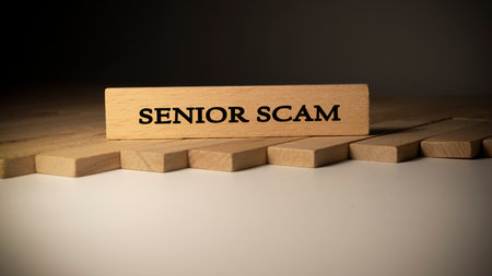 Senior scam word. Background log written on wooden frameの写真素材