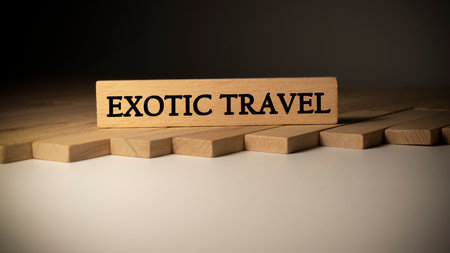 Exotic travel word. Written on wooden frame. studio shootの写真素材