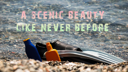 A scenic beauty like never before. Glasses palette and sunscreen concept on the beachの写真素材