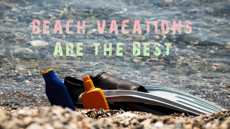 Beach vacations are the best. Glasses palette and sunscreen concept on the beachの写真素材