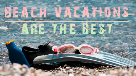 Beach vacations are the best. Glasses palette and sunscreen concept on the beachの写真素材