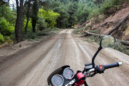 A dusty road in the forest, motor trip, journey into the deep forest, Uphill Road, Mountain way, forest background, Mountain road in the forest, Road on Motorcycle.の写真素材