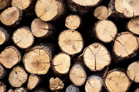 Wall of the stacked wood pile as background. Tree stumps background. Dry oak firewood stacked in a pile. Firewood pile stacked chopped wood trunks. Natural wood background.の写真素材