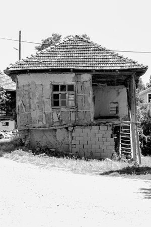 Black and white antique architecture, historical building, antique window, antique door, window view, door view, antique building facade, historical building facadeの写真素材