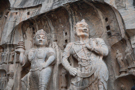 This is the Longmen Grottoes in Luoyang, Henan Province, China, a famous tourist attraction.の写真素材