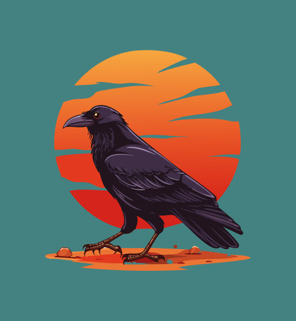 Crow standing on the ground at sunset. Vector illustration in cartoon style.のイラスト素材