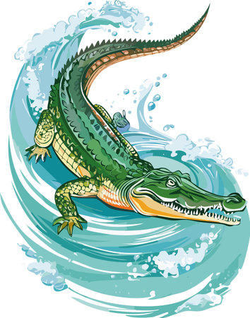 Illustration of a crocodile swimming in the sea with waves on a white backgroundのイラスト素材