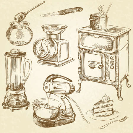 vintage cookware, kitchen utensil - hand drawn setのイラスト素材