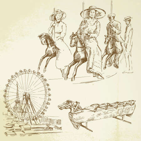 vintage merry go round - hand drawn setのイラスト素材
