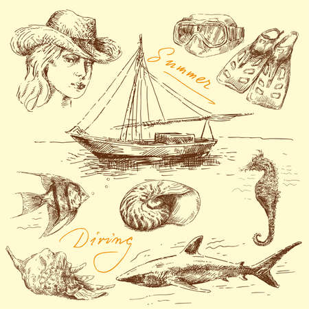 summer holiday - original hand drawn set のイラスト素材