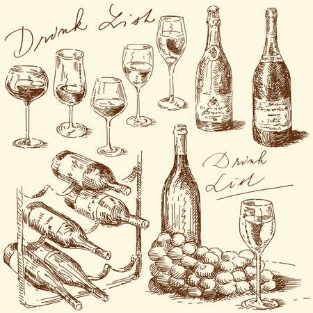 hand drawn wine collection のイラスト素材