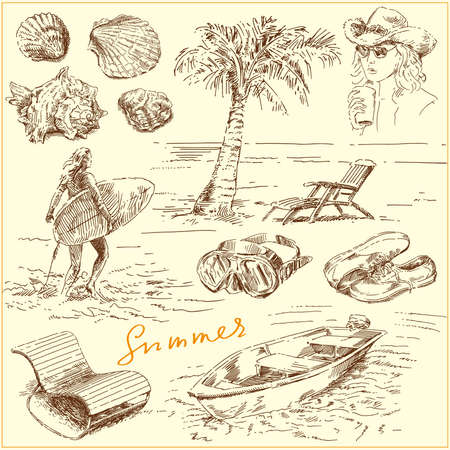 summer set - original hand drawn illustration のイラスト素材