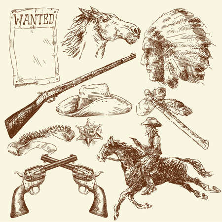 hand drawn wild west collection のイラスト素材