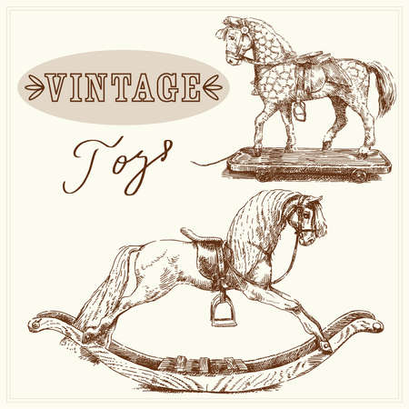rocking horse-hand drawn vintage toys のイラスト素材