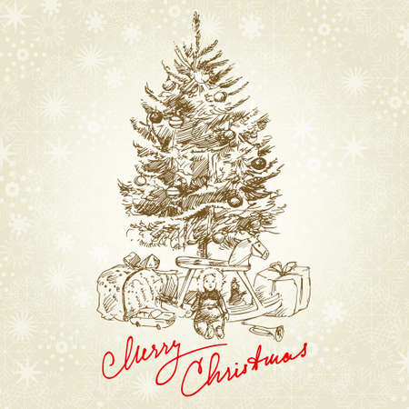 hand drawn vintage christmas tree のイラスト素材