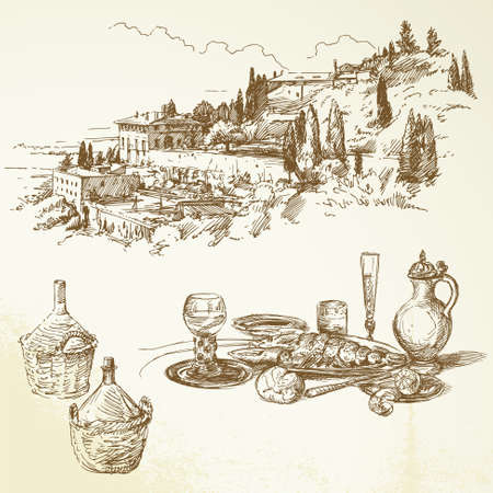 wine, vineyard, Tuscany - hand drawn collectionのイラスト素材