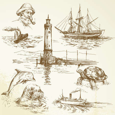 hand drawn nautical elementsのイラスト素材
