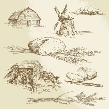 bread, farm - hand drawn illustrationのイラスト素材