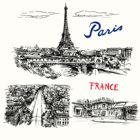 France, Paris, Eiffel tower - hand drawn vector collectionのイラスト素材