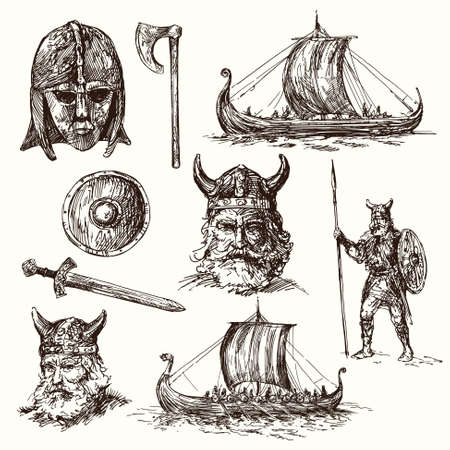 vikings - hand drawn setのイラスト素材