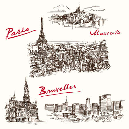 Paris, Marseilles, Brussels - hand drawn setのイラスト素材