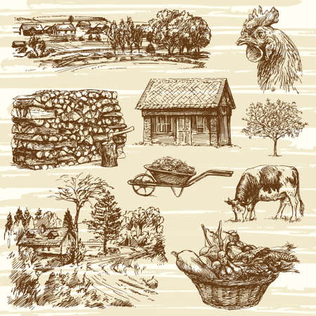 farm, harvest, rural landscape - hand drawn setのイラスト素材
