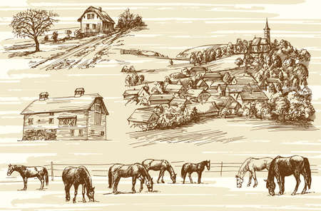 Farm and horses - hand drawn setのイラスト素材