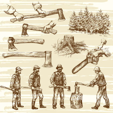 Lumberjacks, cutting wood - hand drawn collectionのイラスト素材