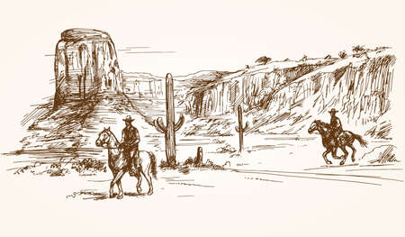 American wild west desert with cowboys - hand drawn illustrationのイラスト素材