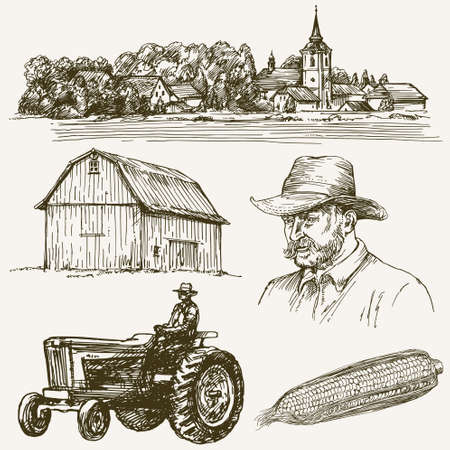 Farm, rural village. Hand drawn collection.のイラスト素材