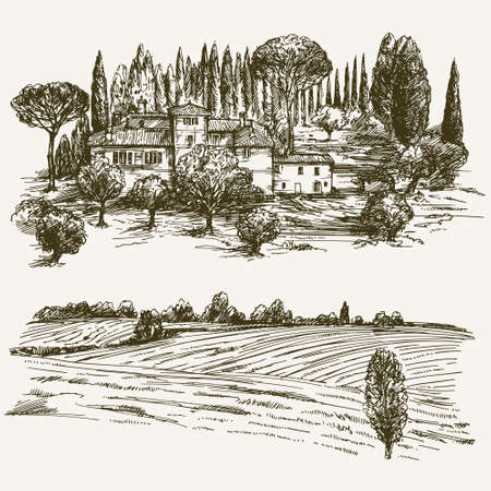 Rural landscape with country house.のイラスト素材