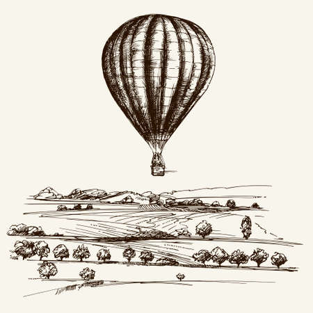 Hot air balloon over the field. Hand drawn illustration.のイラスト素材