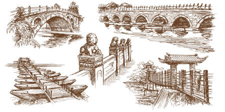 Chinese traditional bridges. Hand drawn set.のイラスト素材