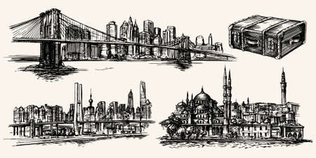Travel the world, New York, Istanbul, Shanghaiのイラスト素材