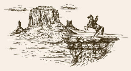 American wild west desert with cowboy - hand drawn illustrationのイラスト素材