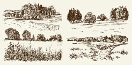Rural landscape. Hand drawn set.のイラスト素材