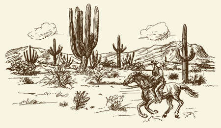 American wild west desert with cowboy - hand drawn illustrationのイラスト素材