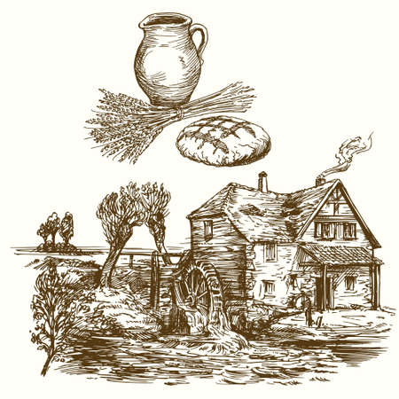 Old watermill. Hand drawn illustration.のイラスト素材