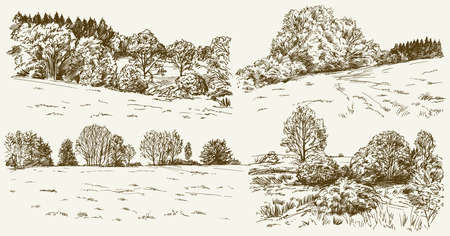 Rural landscape. Hand drawn set.のイラスト素材