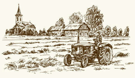 Tractor collecting haystack in the field. Hand drawn vector illustration.のイラスト素材