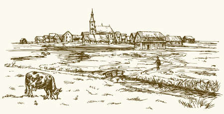 Cow grazing on meadow, landscape with rural village. Hand drawn illustrationのイラスト素材