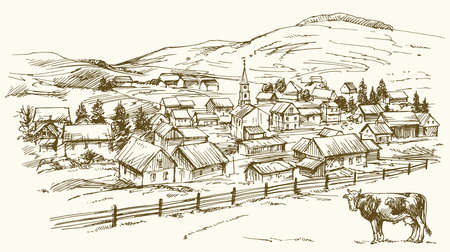 Vintage landscape, New England farm, hand drawn vector illustration.のイラスト素材